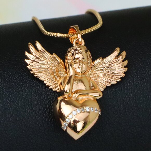 Rose Gold Angel Pendant with Heart and Wings – Elegant Spiritual Charm, XPPT1404 - Picture 1 of 13